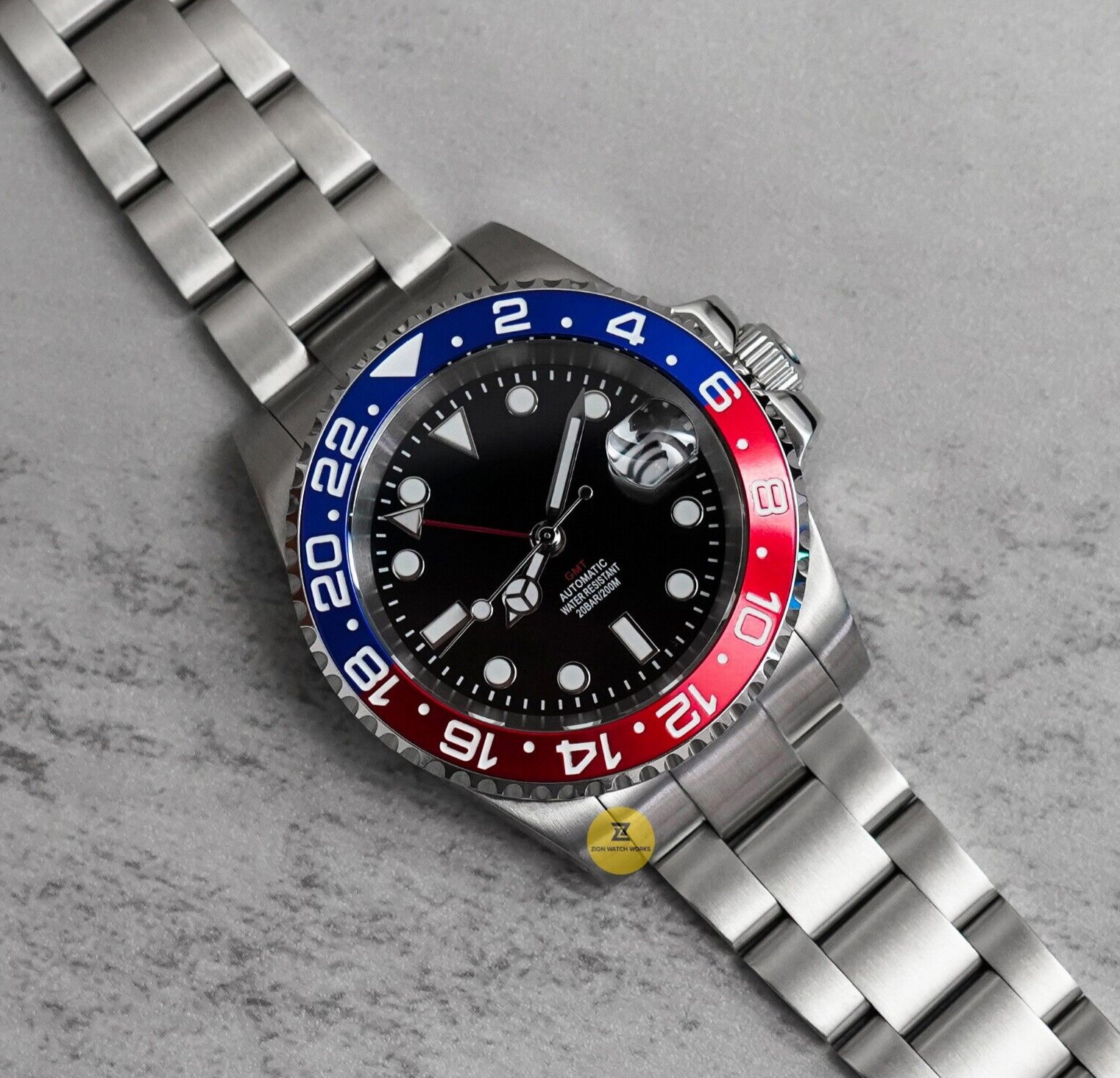 40mm Pepsi GMT Custom Sub Style Mod Watch NO LOGO w/ NH34 Automatic Movement