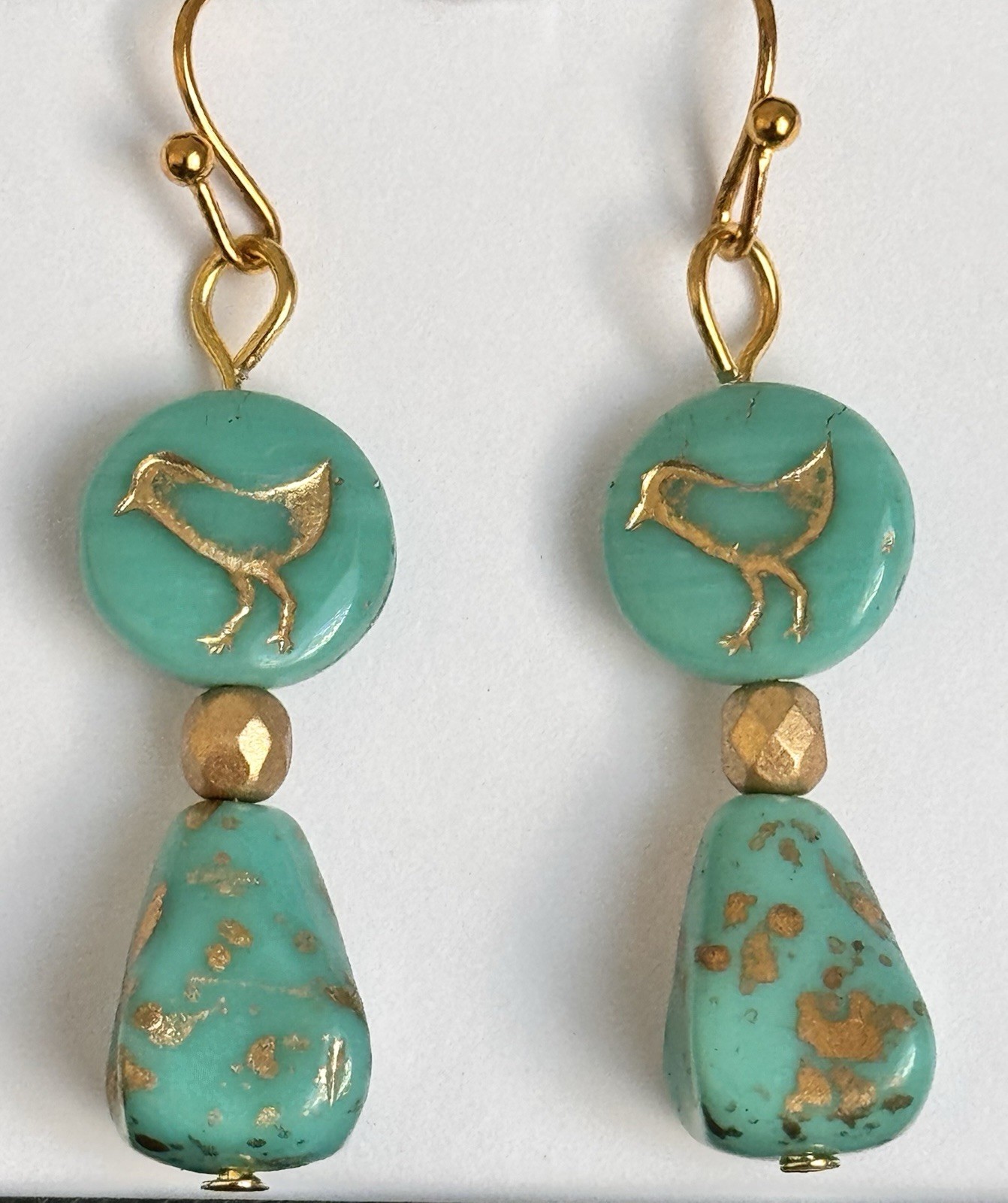 Sweet Etched Gold Bird and Blue Bead Earrings. Love. Nature