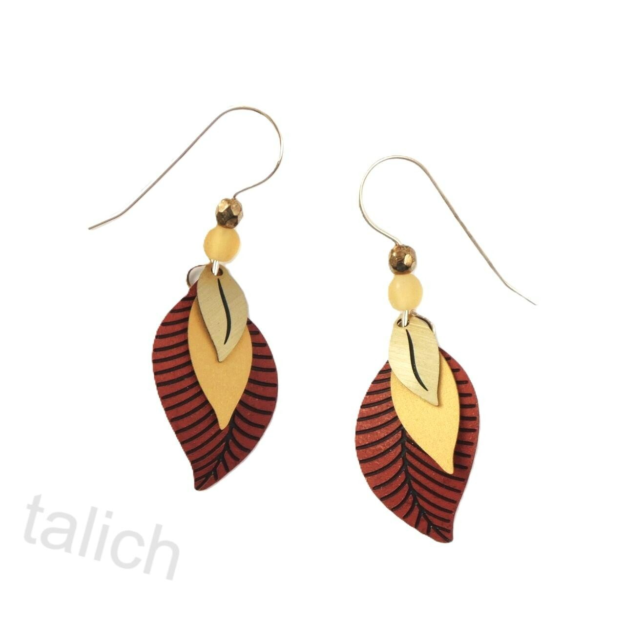 Adajio Earrings 14K Gold Filled Hook 3 Part Rust Brass Leaves Handmade USA 7023