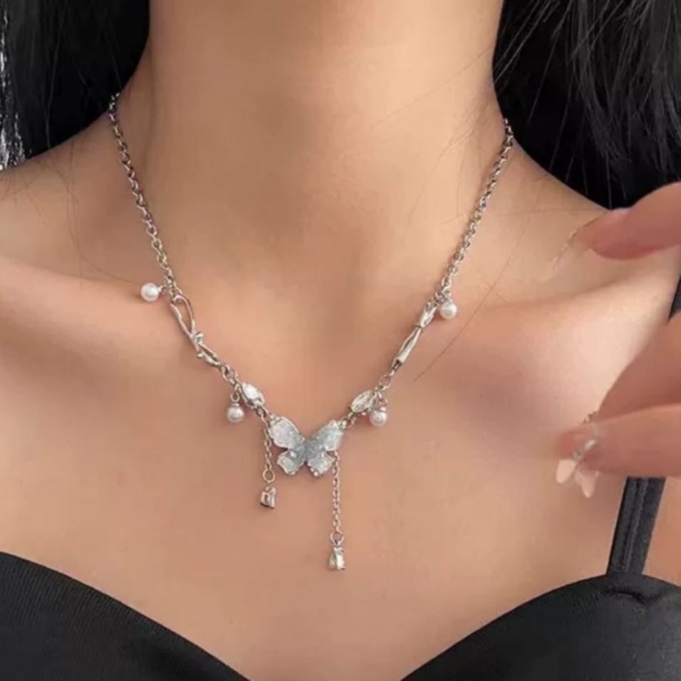 Gradient Blue Crystal Butterfly Pearl Tassel Silver Plated CZ Choker Necklace