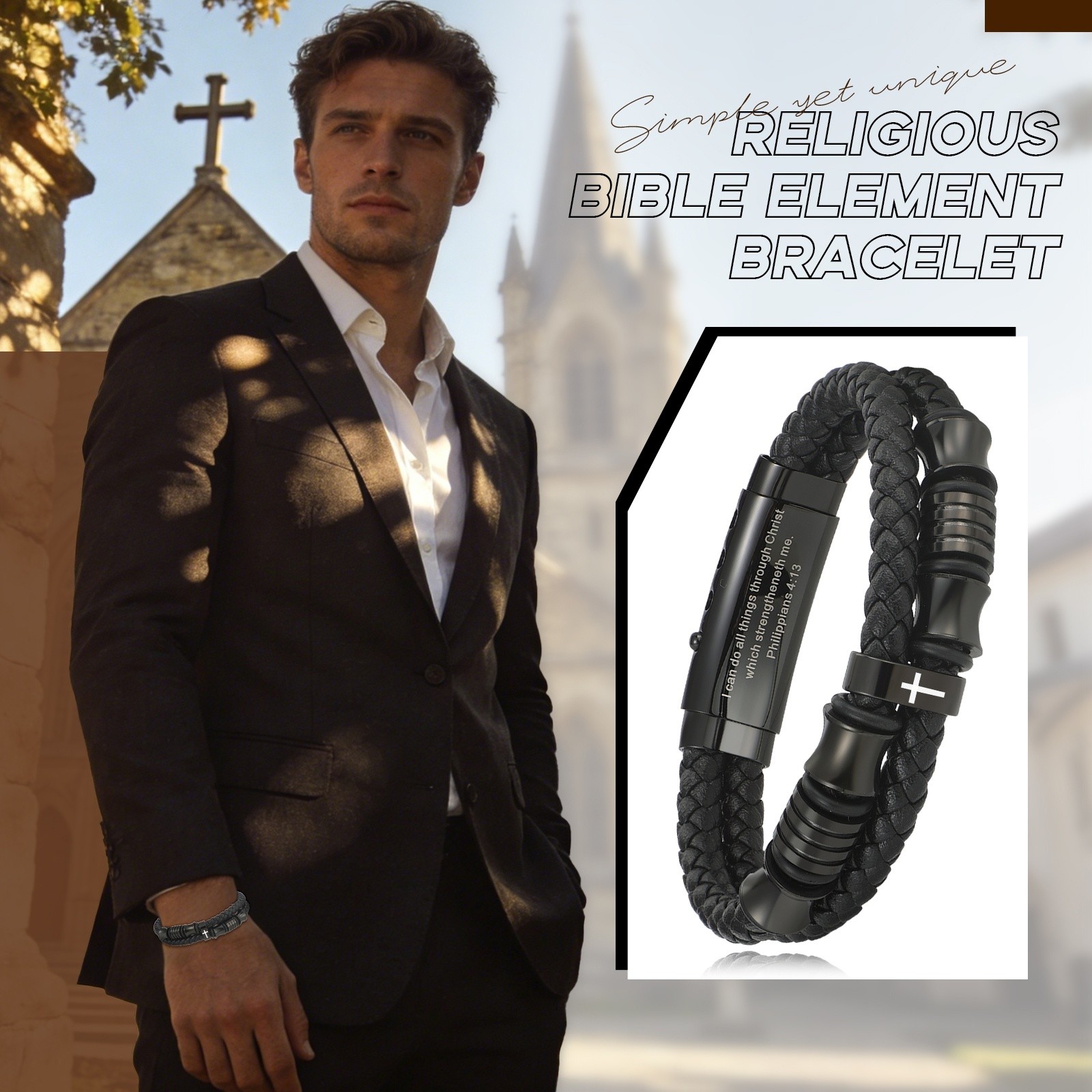 Men’s Inspirational Bible Verse Cross PU Leather Bracelet Braided Christian Cuff