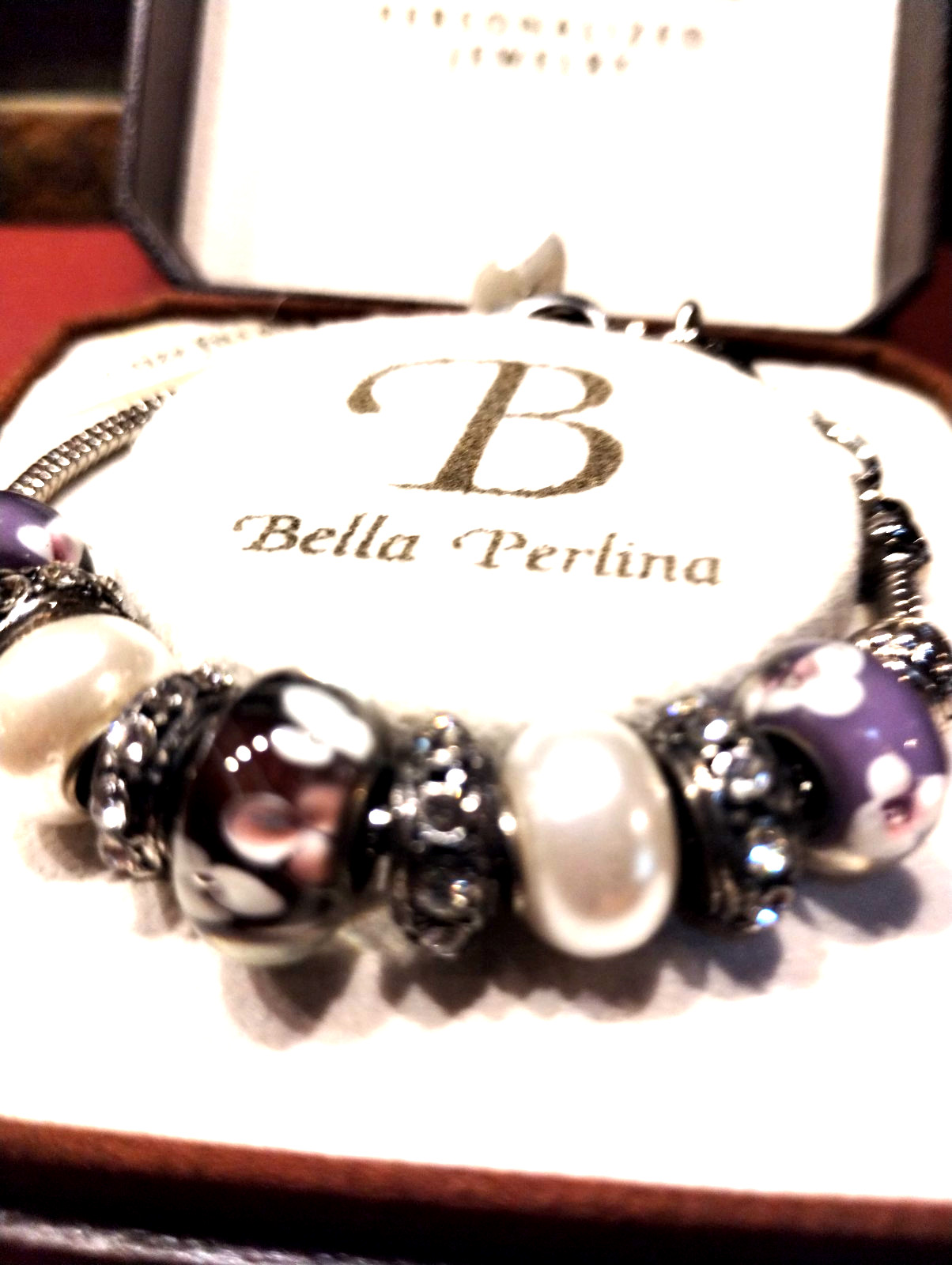 Bella Perlina Purple Glass White Freshwater Pearl Silver Tone Charm Bracelet