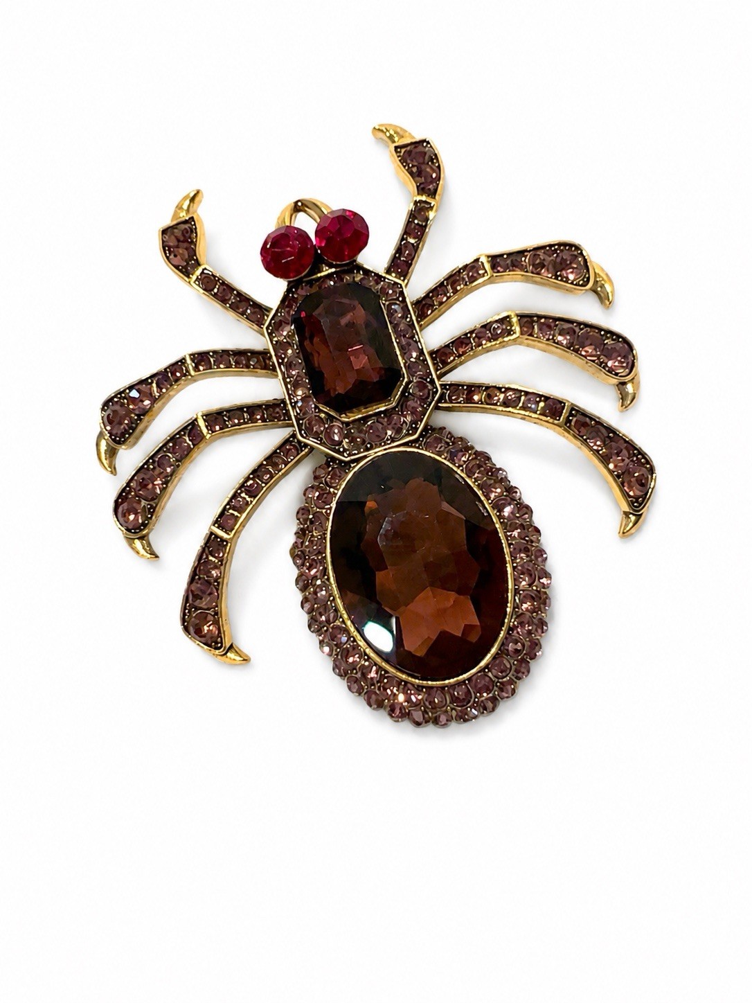 Spider Brooch Gold Tone Metal Red Burgundy