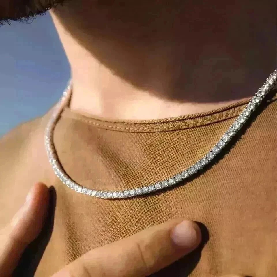 15Ct Round Cut Lab-Created Diamond Men’s Tennis Necklace 14k White Gold Plated