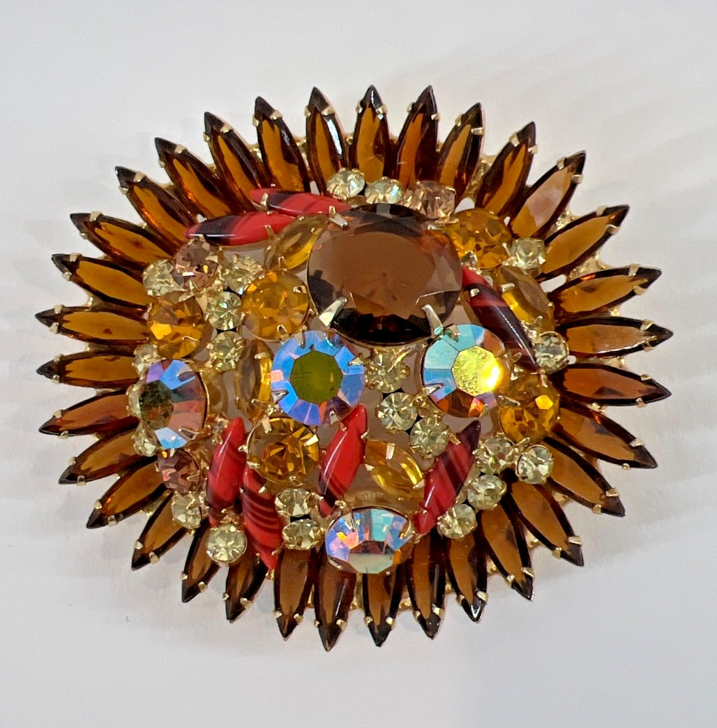 JULIANA D&E Amber Navettes, ABs, Art Glass 2-PC Set Bracelet Brooch