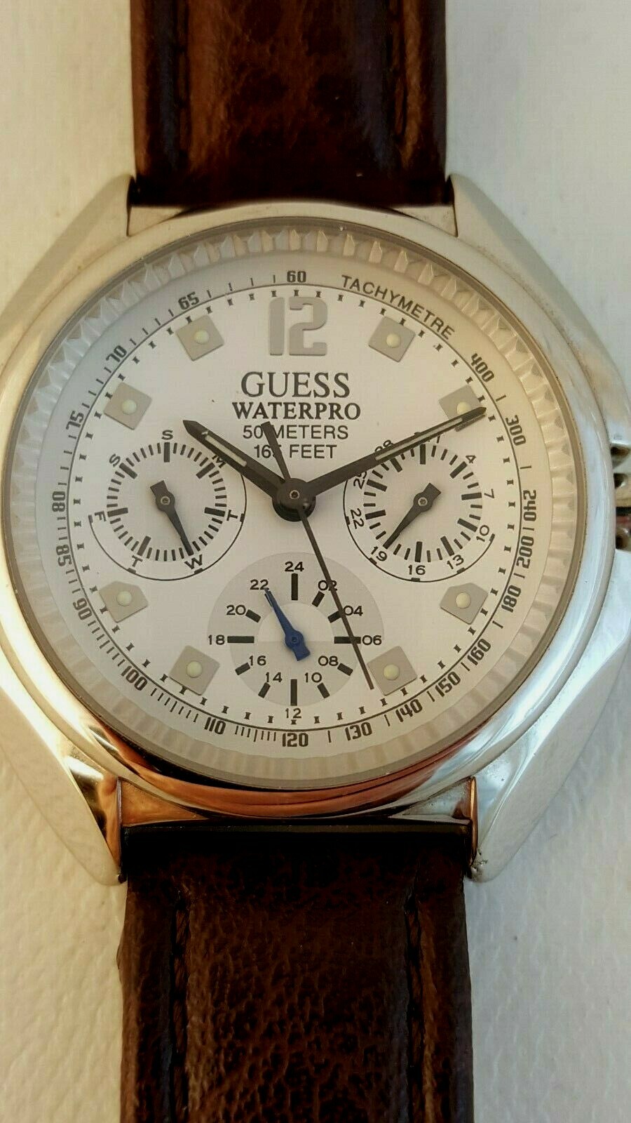 Guess Waterpro watch 50 meters 165 feet Tachymetre with leather band