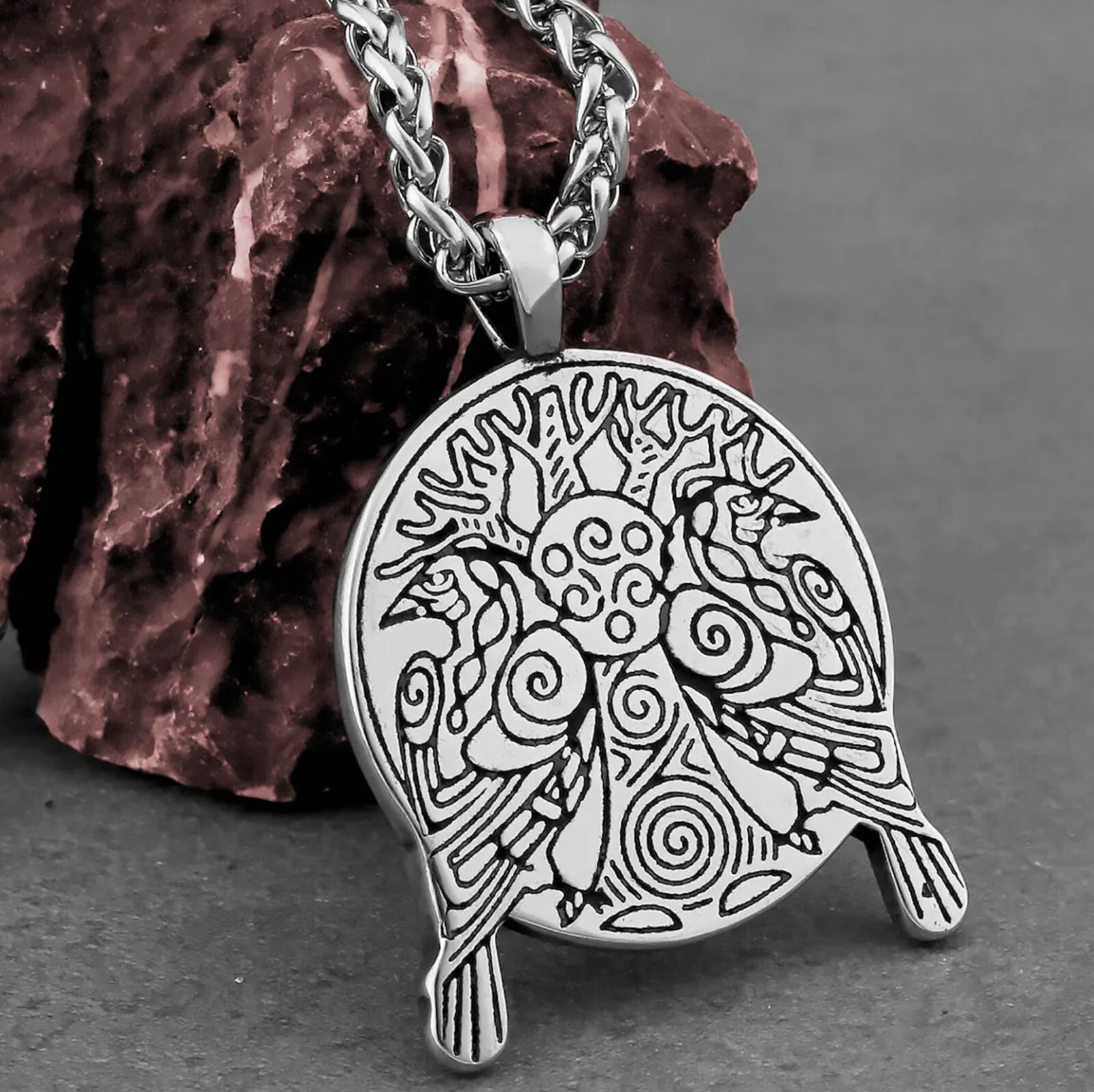 Stainless Steel Celtic Tree of Life Raven Necklace with 60 cm (23.62 in) chain