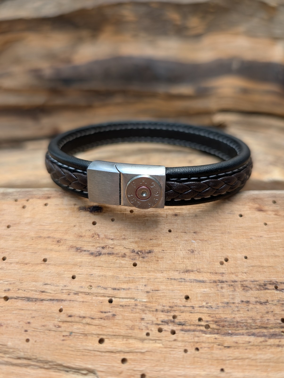 Black and Brown Braided Leather Bullet Bracelet with a 9, 38,40 or 357 Bullet.