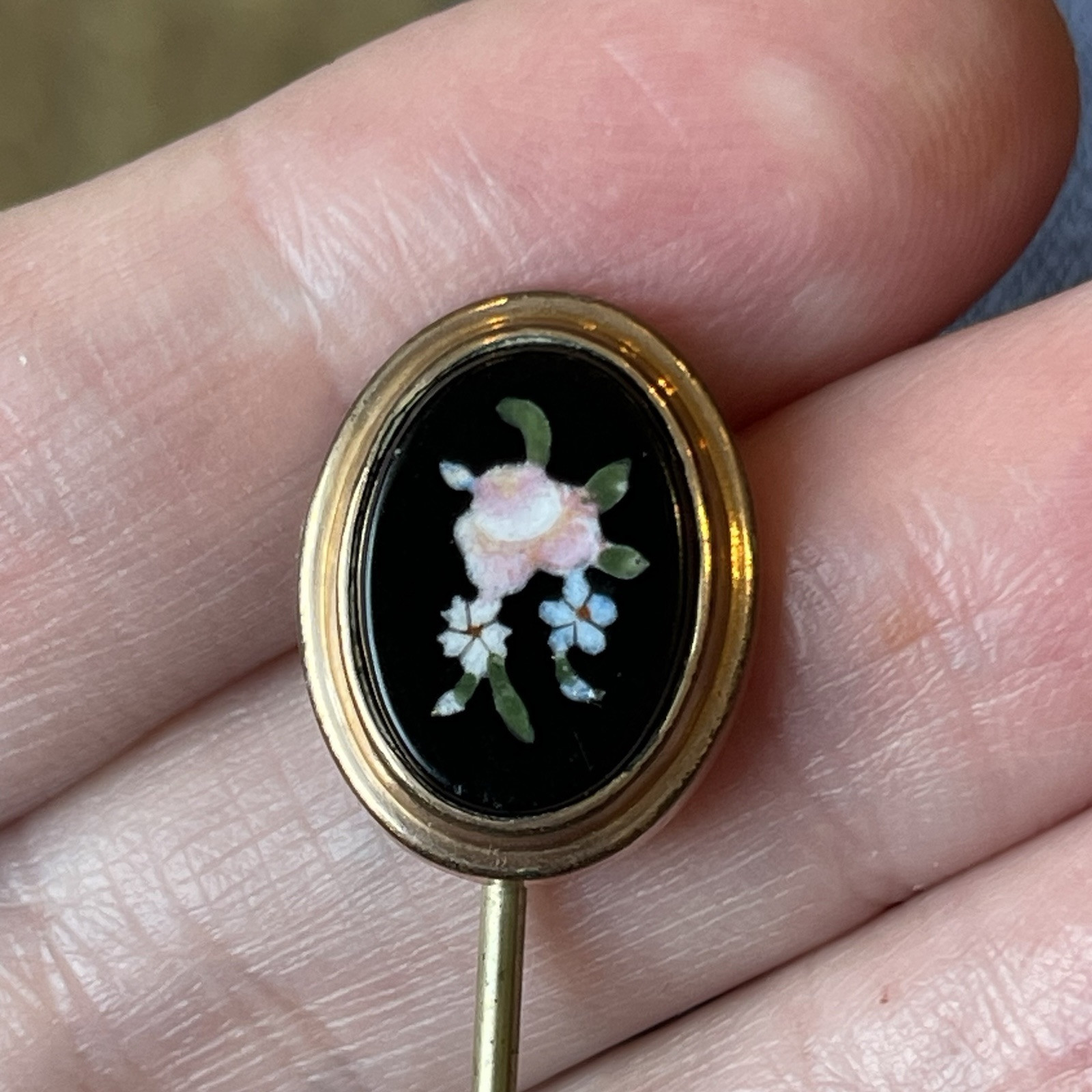Antique Rolled Gold Italian Pietra Dura Forget Me Not Flowers Stick Pin 3”