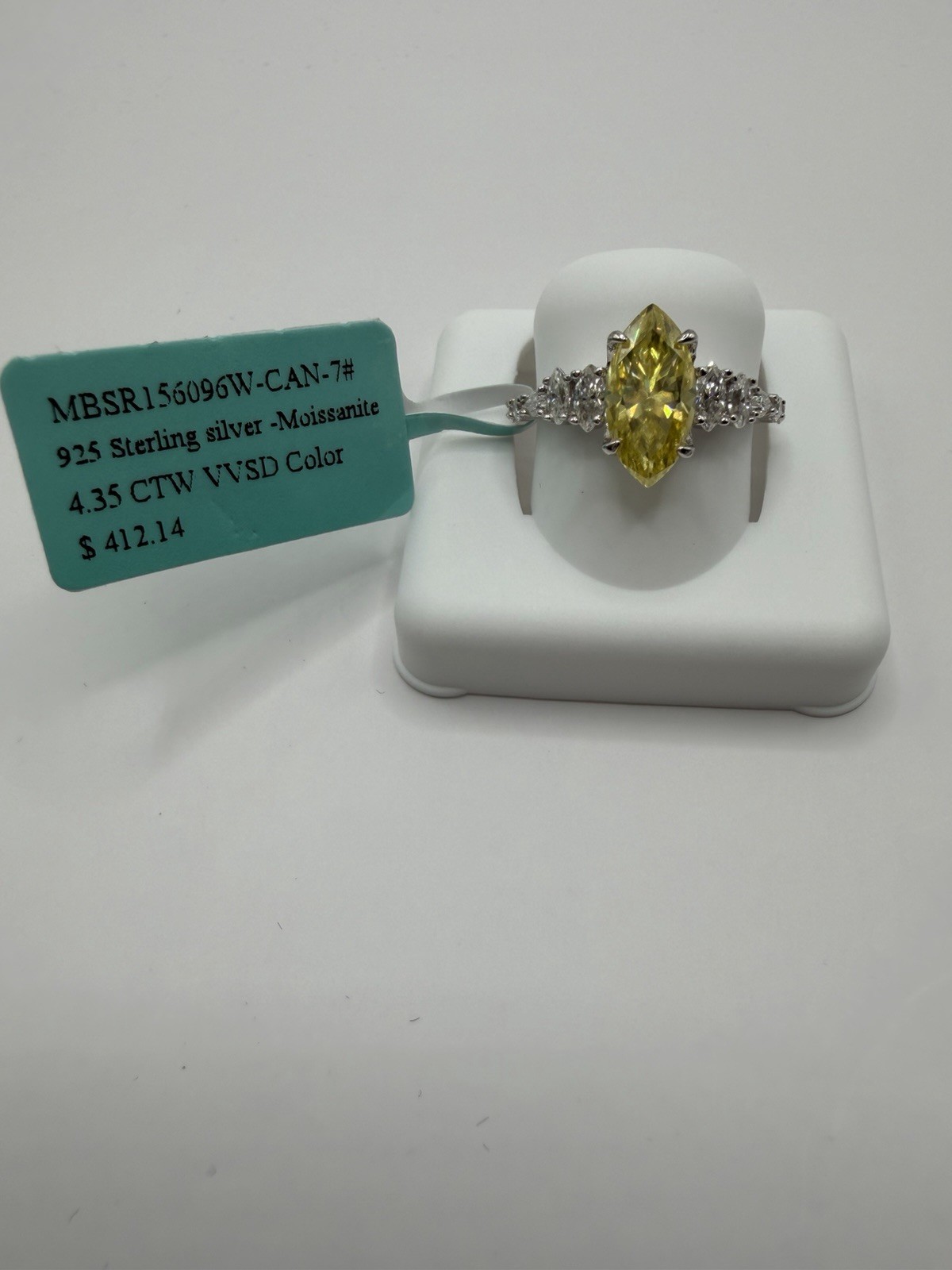 Stamped 925 Sterling Silver Yellow Marquise Moissanite Prong Ring Size 7