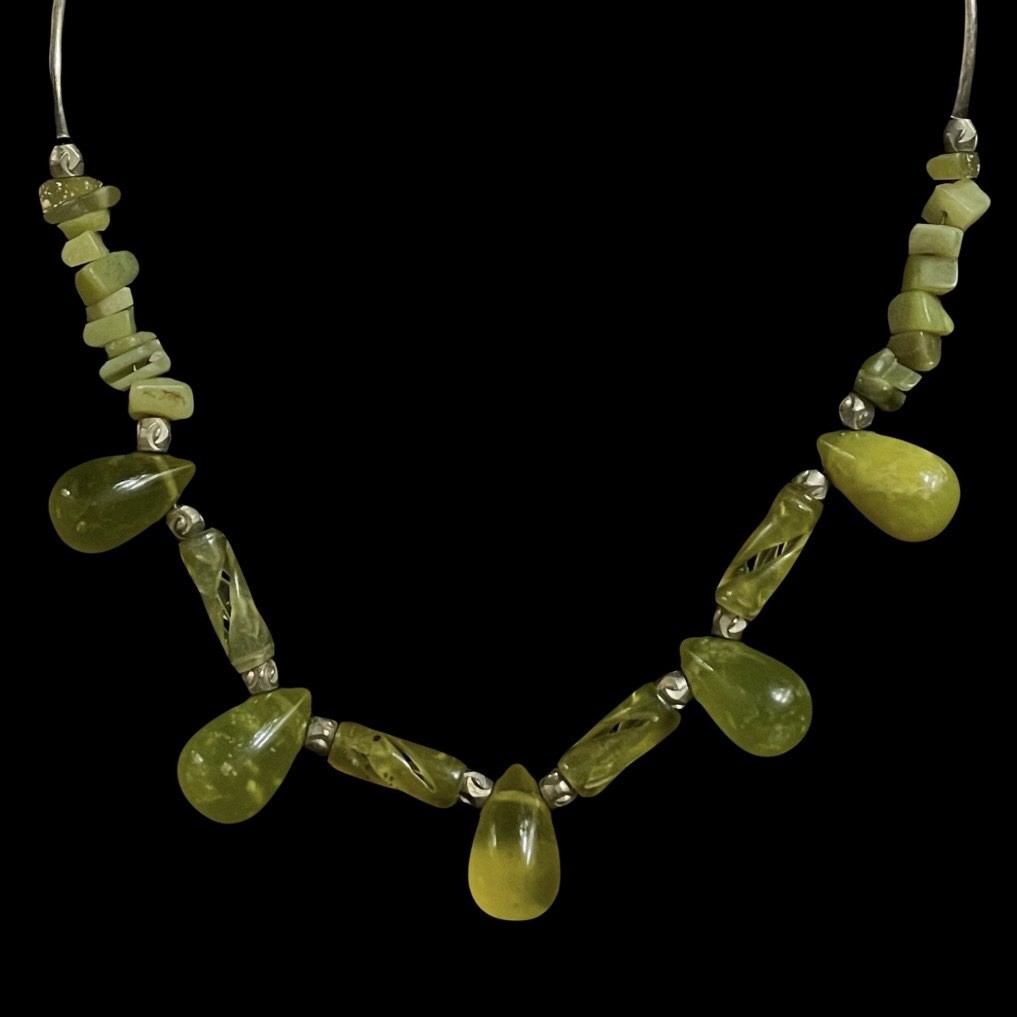 Vintage Chartreuse Resin & Stone Necklace — 1960s Modernist Organic Form