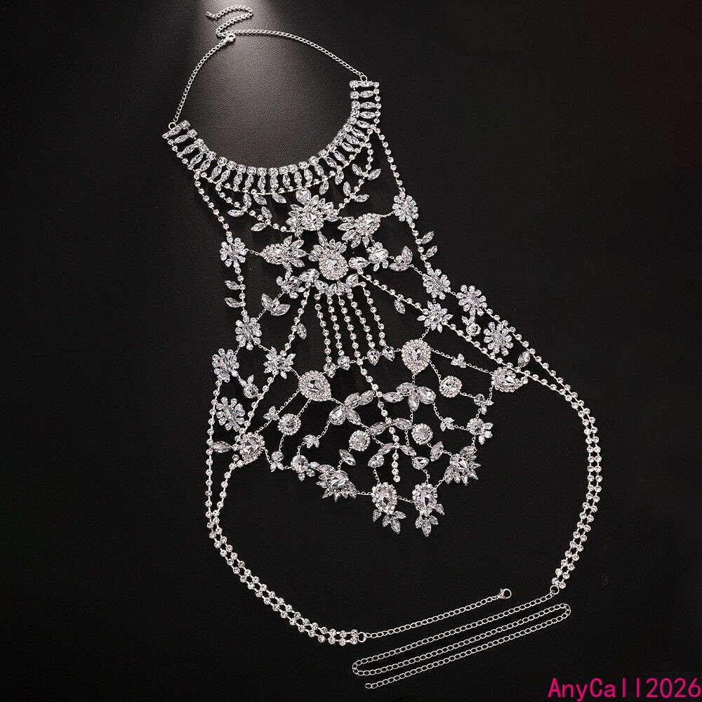 Hot Women Chest Rhinestone Necklace Vest Floral Droplet Luxury Body Chain Party