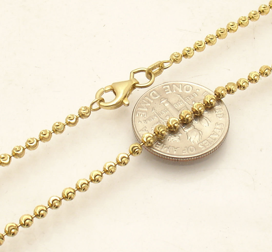 2mm Moon Cut Ball Bead Chain Necklace Solid 14K Yellow Gold Plated 925 Silver