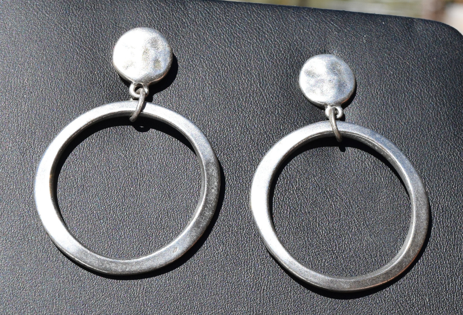 Hammered Circle and Wavy Circle Earrings Silver Tone 1 1/4 Inch Diameter 1 3/4 L