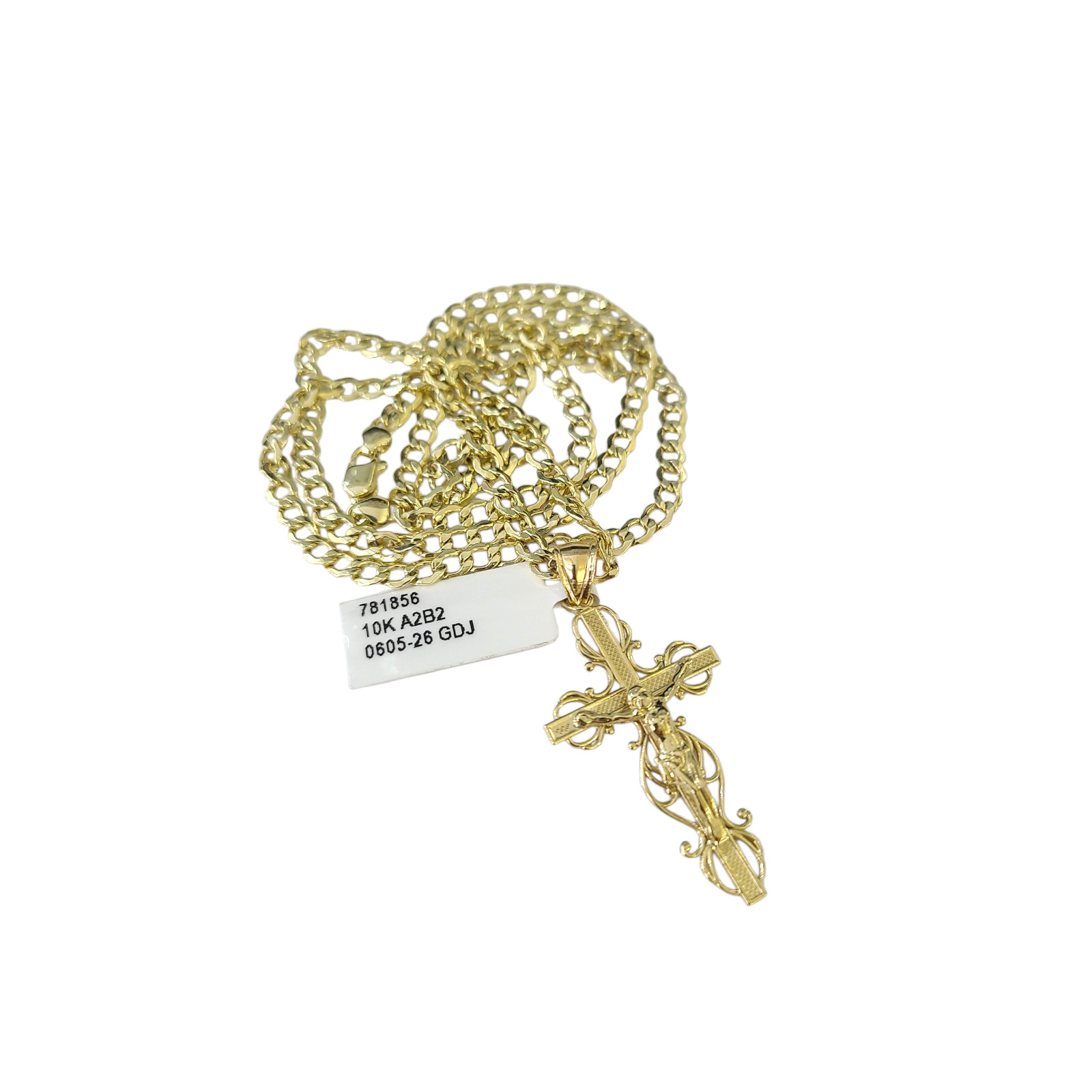 10K Gold Cuban Curb Link Chain Necklace Filigree Cross Pendant Set 3mm 18″–24″