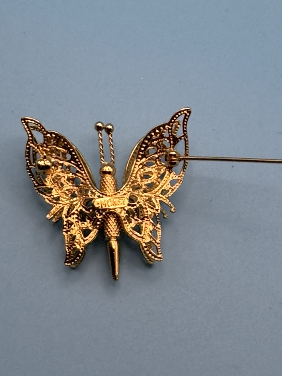 Vintage Monet Signed Gold Tone Butterfly Brooch Pin 3D Filigree Double Wing