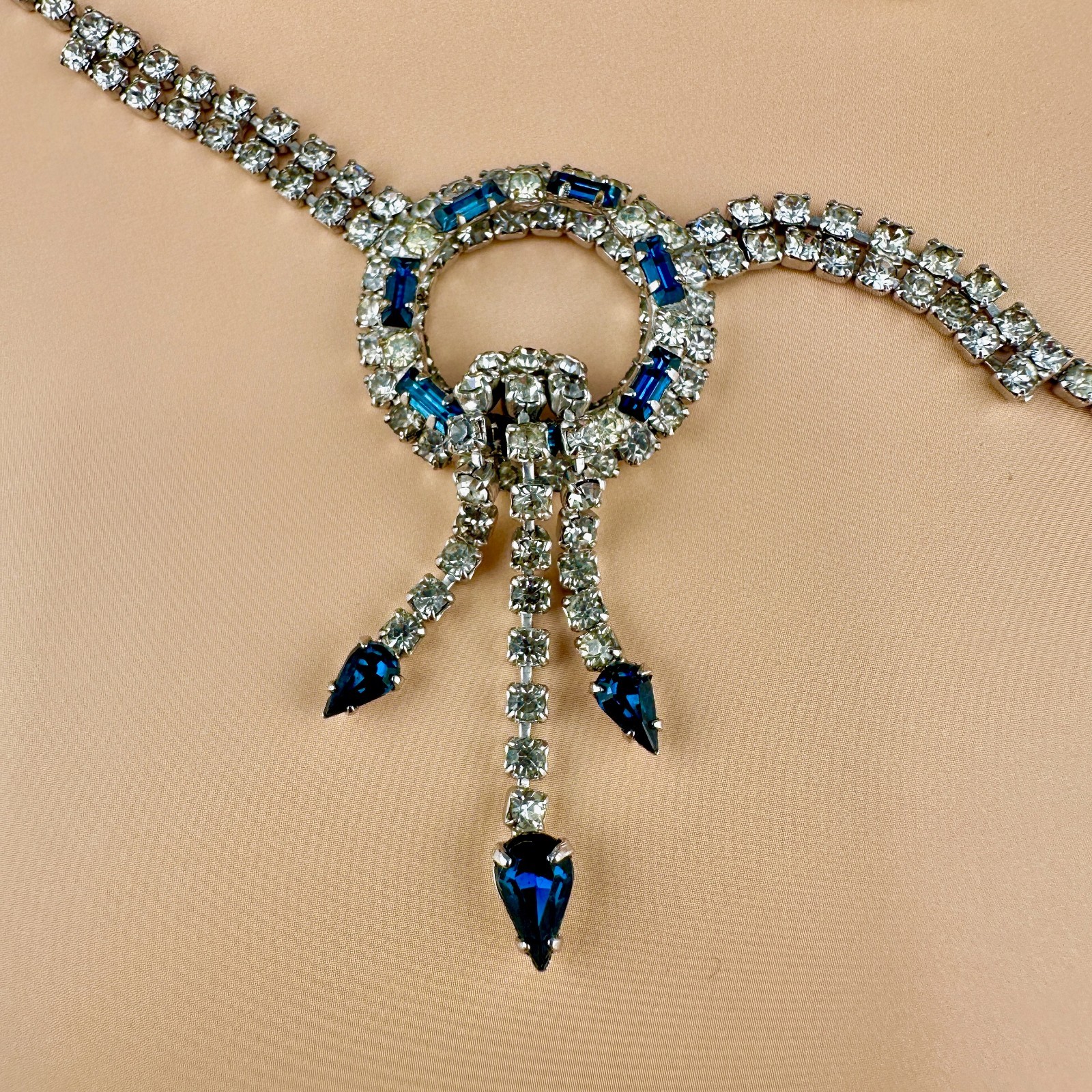 Vintage Rhinestone Necklace Earrings Set Blue Clear Circle Tassel Cup Chain