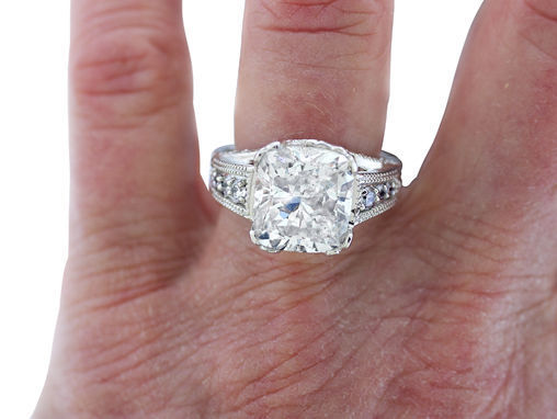 5.67 carat total, 5 ct Cushion cut Diamond GIA cert. J color SI2 Platinum Ring