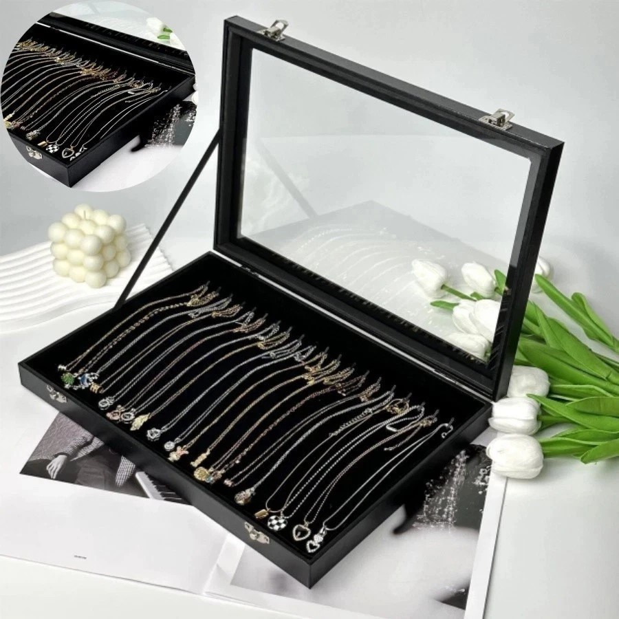 20 Hooks Velvet Necklace Organizer Box Necklace Holder Tray with Clear Lid Black