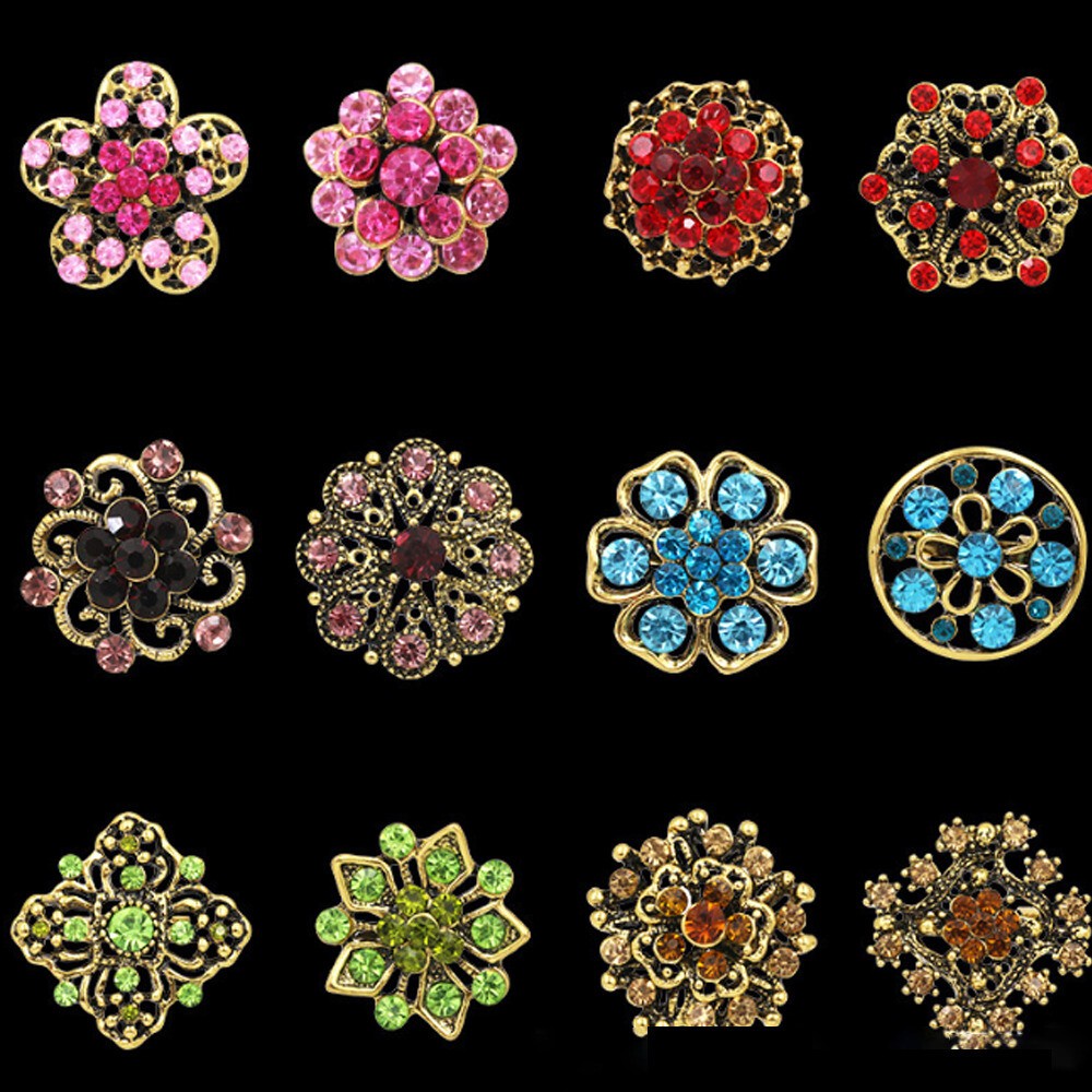 Lot 24 pc Mixed Vintage Style Golden Rhinestone Crystal Brooch Pin DIY Bouquet