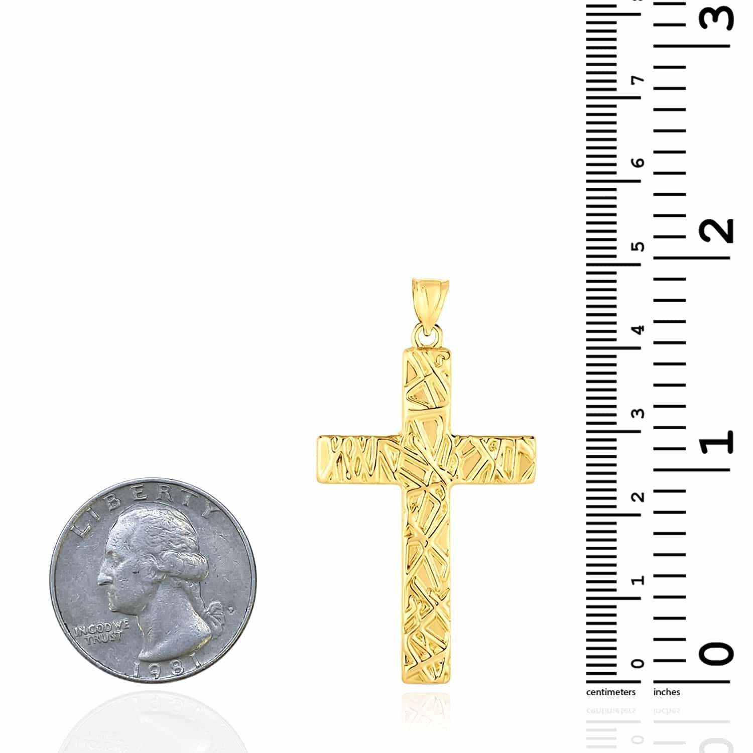 14K Real Gold Textured Cross Pendant 1.9″