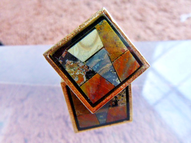 Vintage MCM Modern Hard Stone Inlay Pietra Dura Gilt Sterling Cufflinks Signed