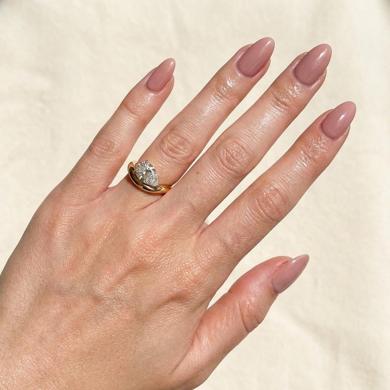 East West 2.0 CT Pear Cut Moissanite Solitaire 14K Gold Curved Ring For Her