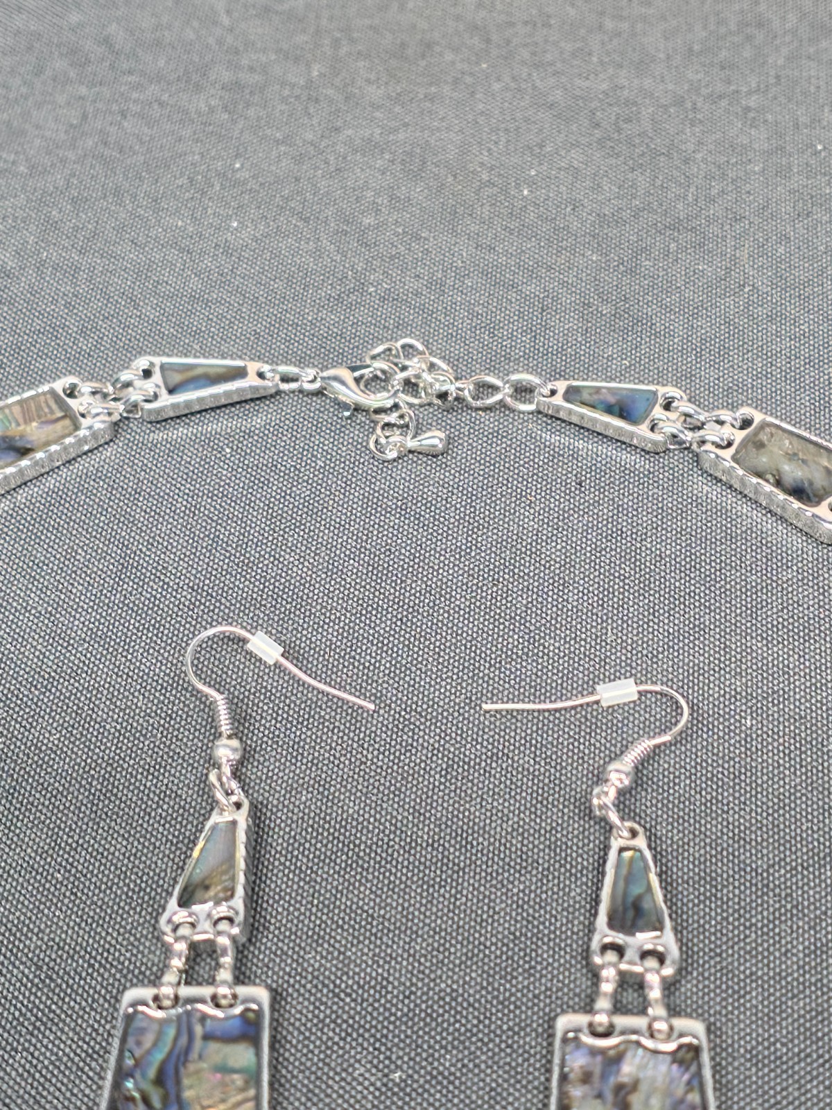 Artisan Abalone Shell Necklace Earring Set Silver Tone Rectangle Mosaic 16-18″