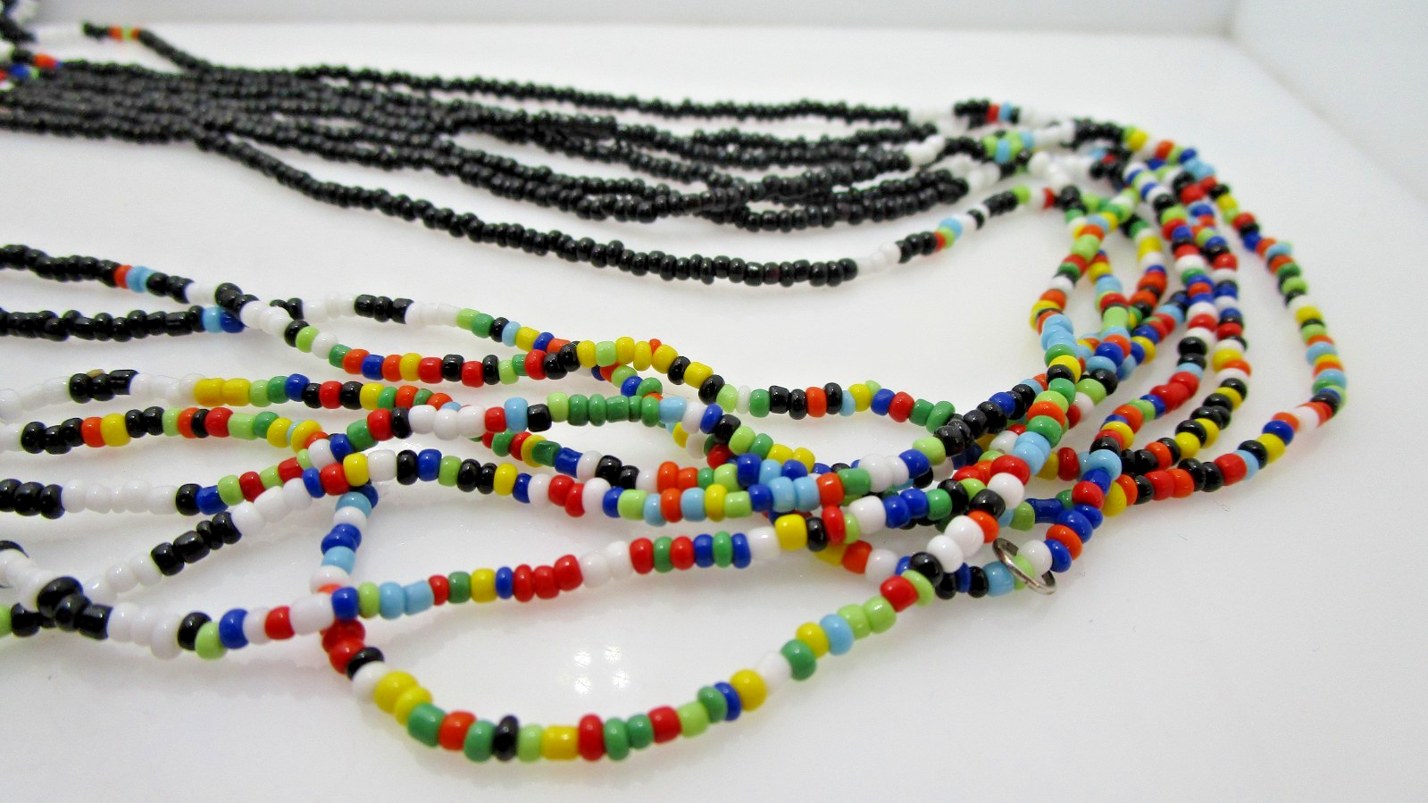 Southwestern 7 Stand Micro Multi Color Black Seed Bead Boho Necklace 28″