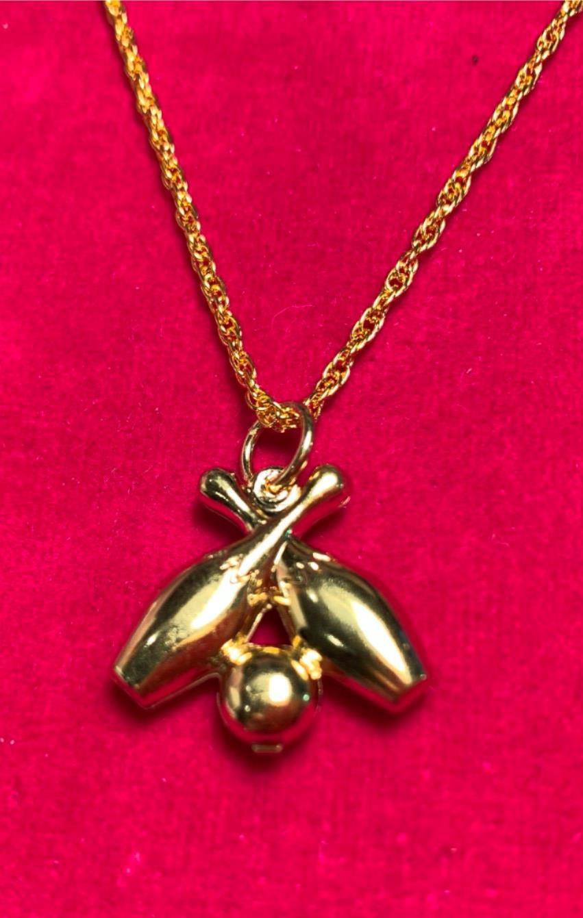 14 KT GOLD PLATED 3D BOWLING PINS & BALL CHARM w/16 INCH ROPE SET -A104