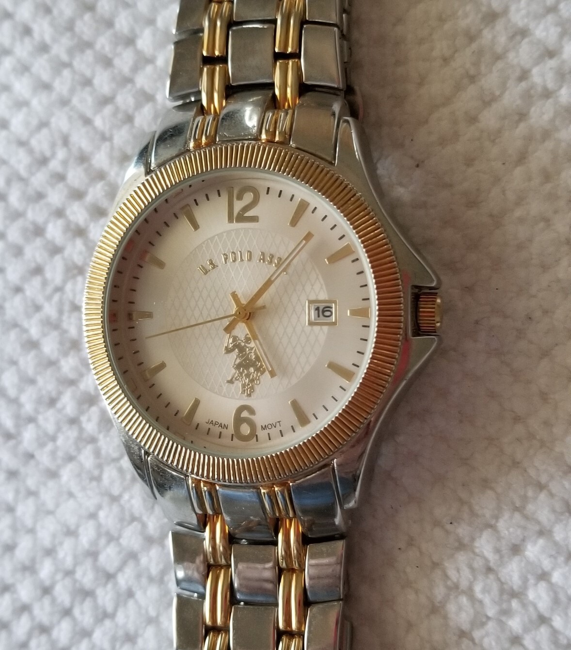 U.S. Polo Assn. Two Tone Date Watch USC80001 Silver Dial Link Band 7.5″ New Batt