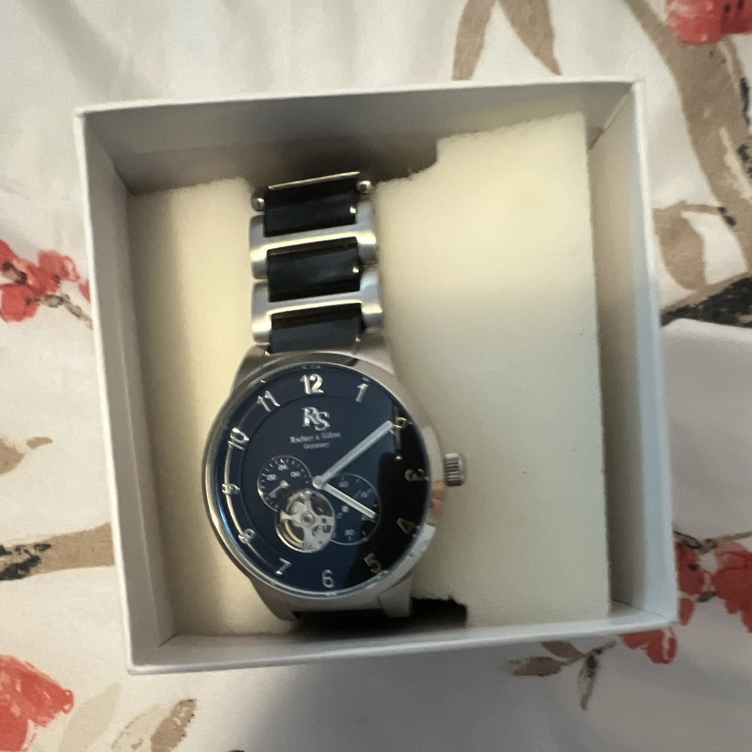 Burgi Women’s Automatic Open Heart Black Dial Two-Tone Bracelet Watch 38mm Box