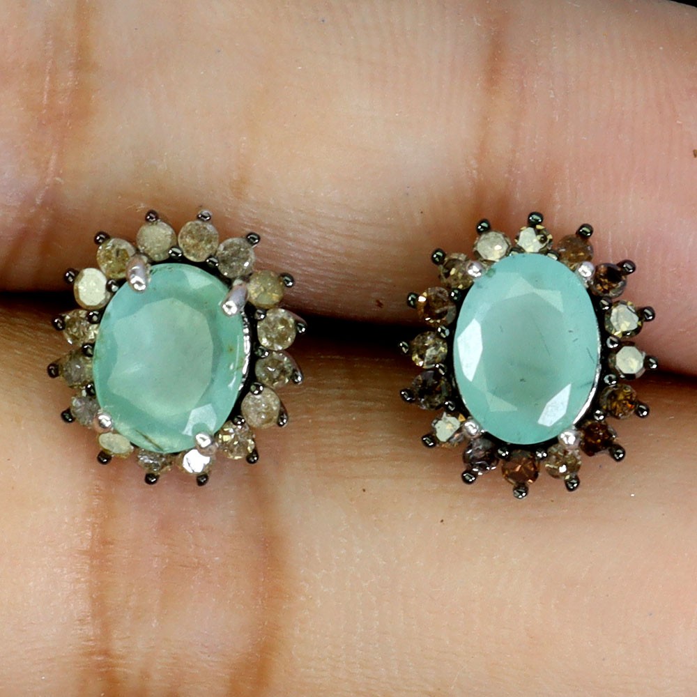 925 Sterling Silver Earrings Oval Emerald 6x5mm Diamond 32pcs Gemstone Jewelry