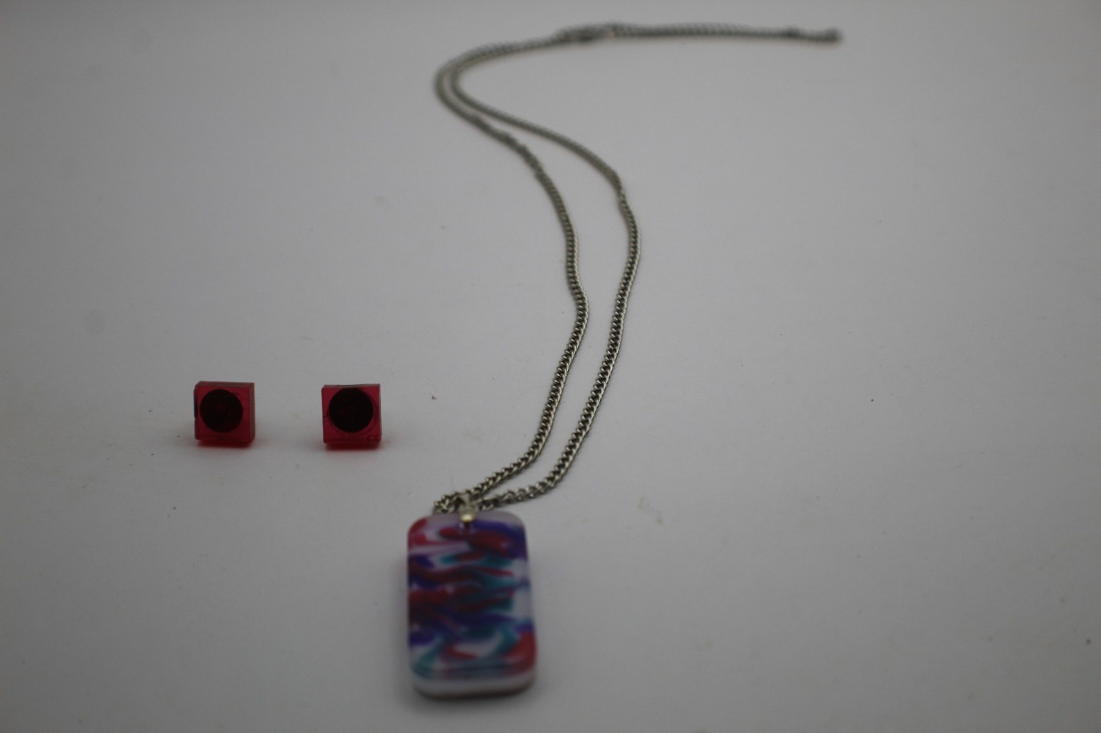 Colorful Resin Pendant On A Chain Necklace With Matching Stud Earrings