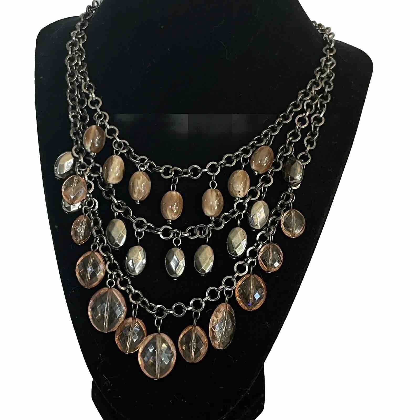 Neutral Multi Color Acrylic Waterfall Beaded Layered Bib Necklace Chandelier