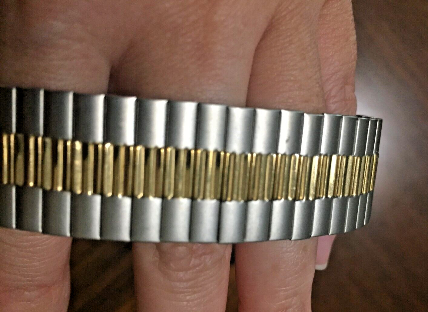 Timex Wristwatch Gold & Silver Tone Expansion Band Black Face Day Date Indicator