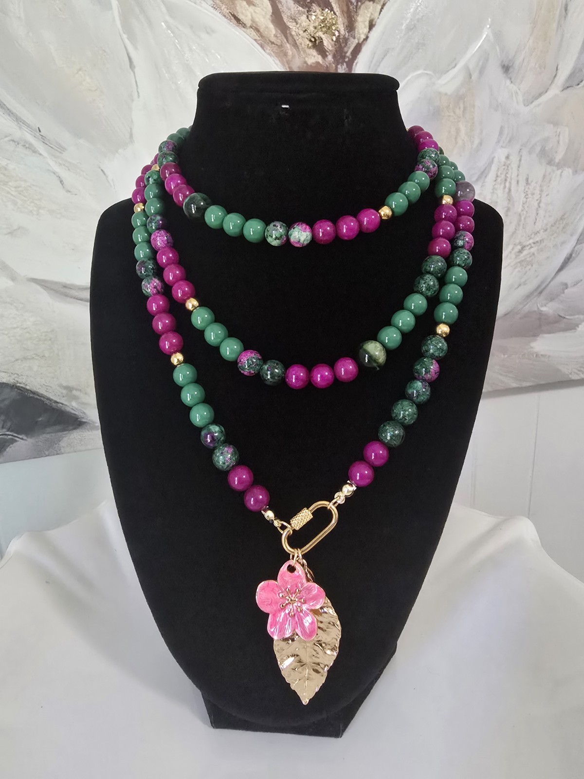 Green & Purple Stone Beaded Necklace w/ Gold Tone Leaf & Pink Flower Charms