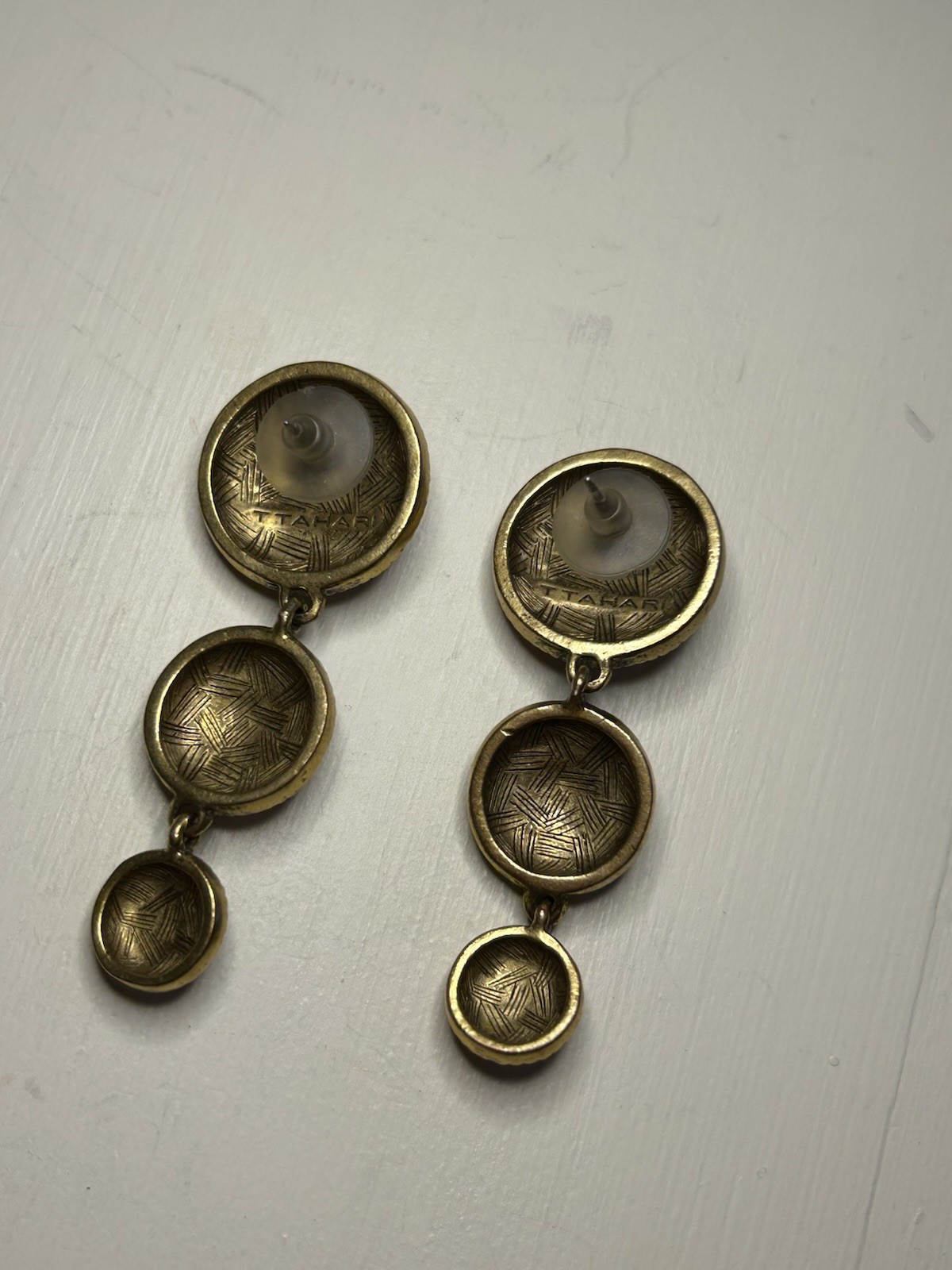 Vintage Signed T Tahari Antiqued Gold Tone Textured Rhinestone Dangle Earrings