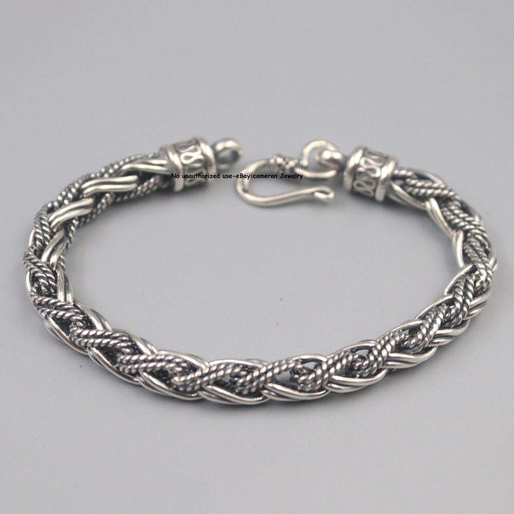 Solid S925 Sterling Silver Chain 7mm braided Wheat Link Bracelet 34-35g 7.9inch