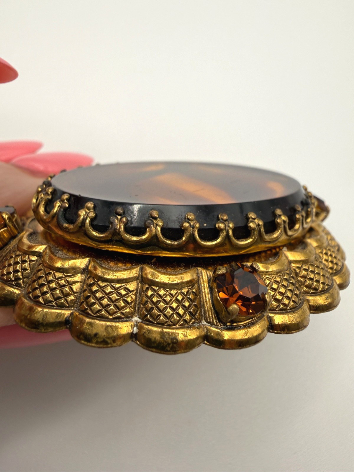 Vintage West Germany Brooch Faux Tortoiseshell Swirls Rhinestones Lucite Signed