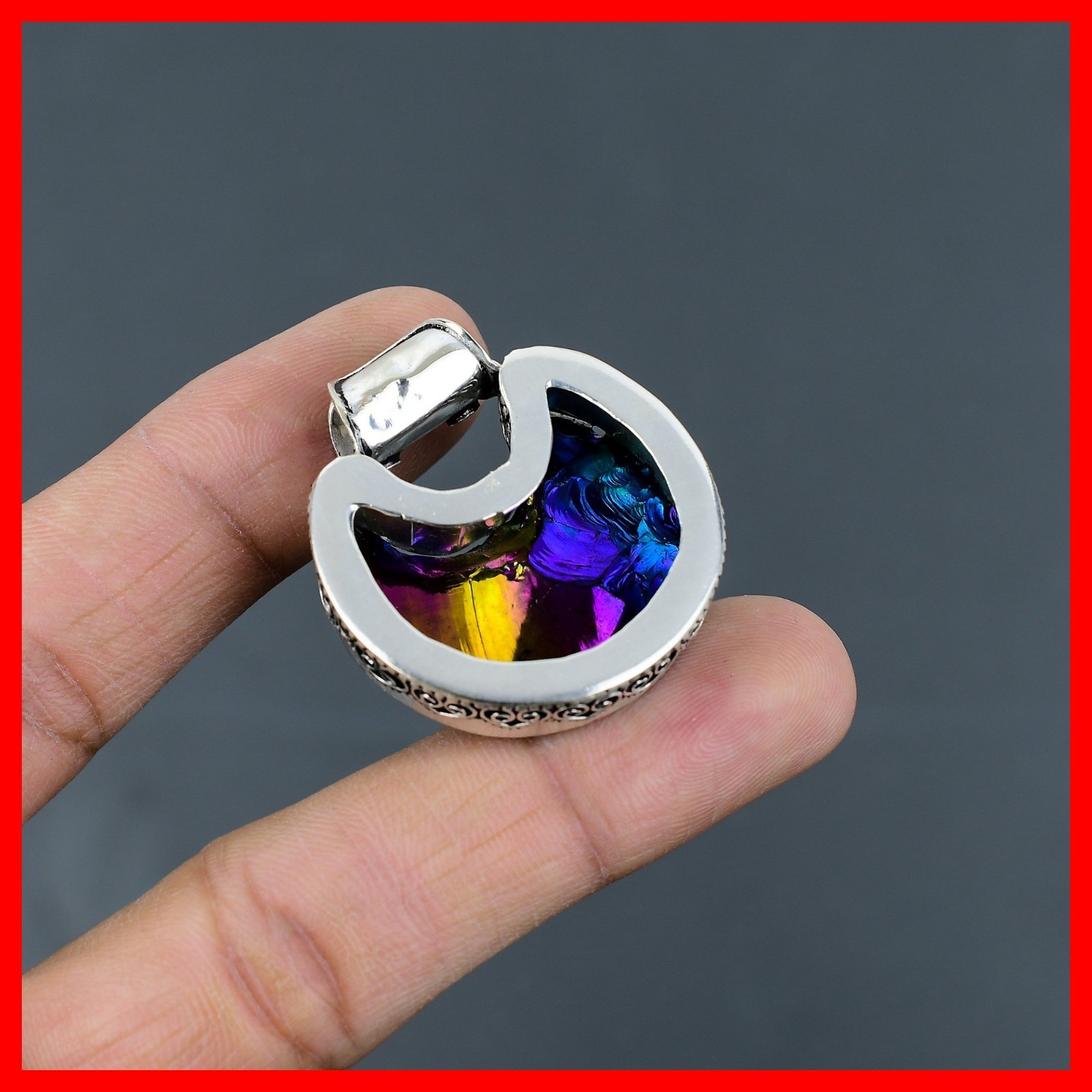 925 Sterling Silver Titanium Druzy Stone Crescent Moon Vintage Birthday Pendant
