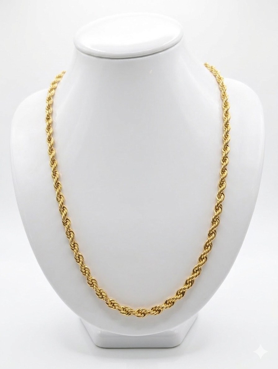 18K PVD GOLD PLATED 304L STAINLESS STEEL DIAMOND CUT ROPE CHAIN 5MM 20IN