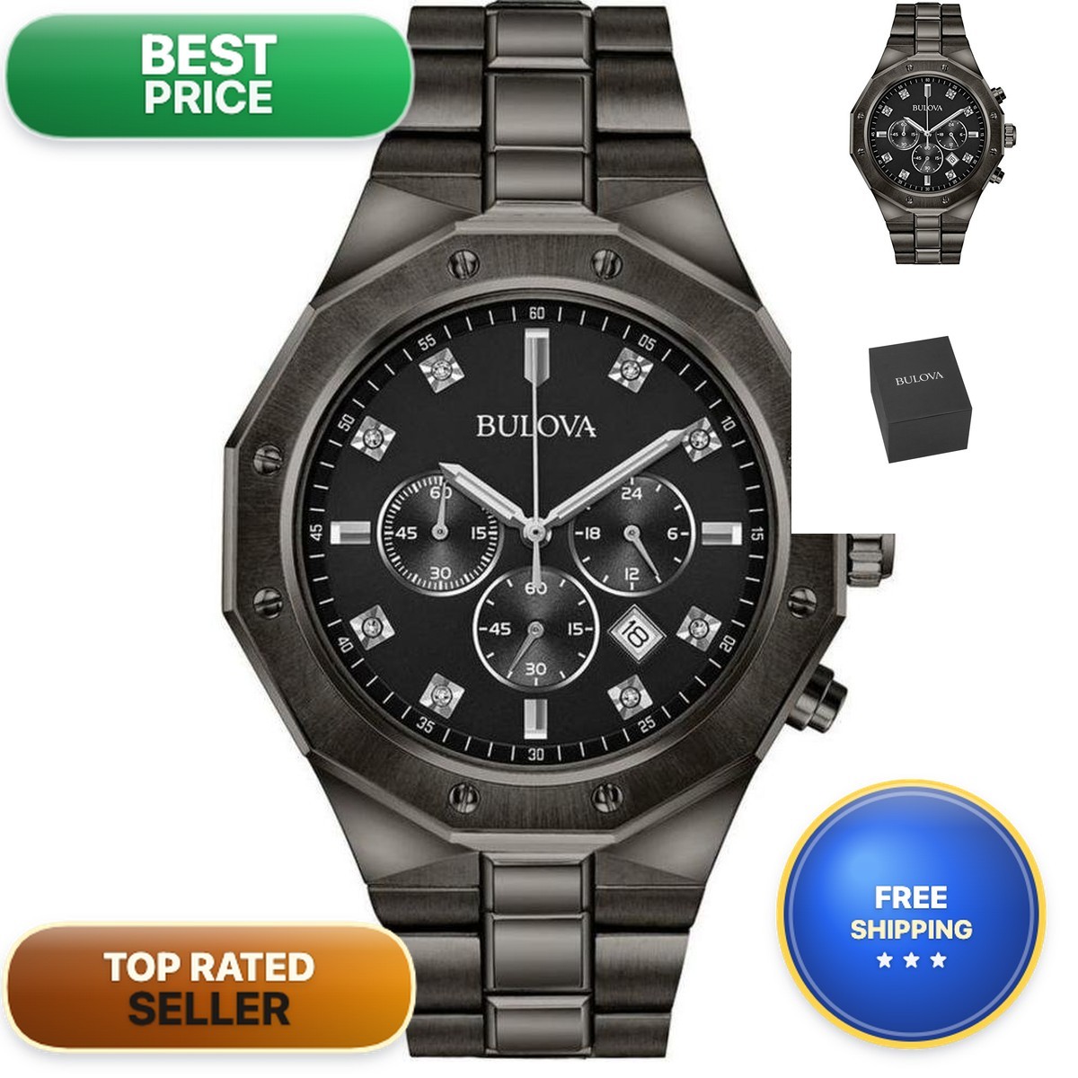 Bulova Mens Classic Diamond 6-Hand Chronograph Quartz Watch Calendar Date