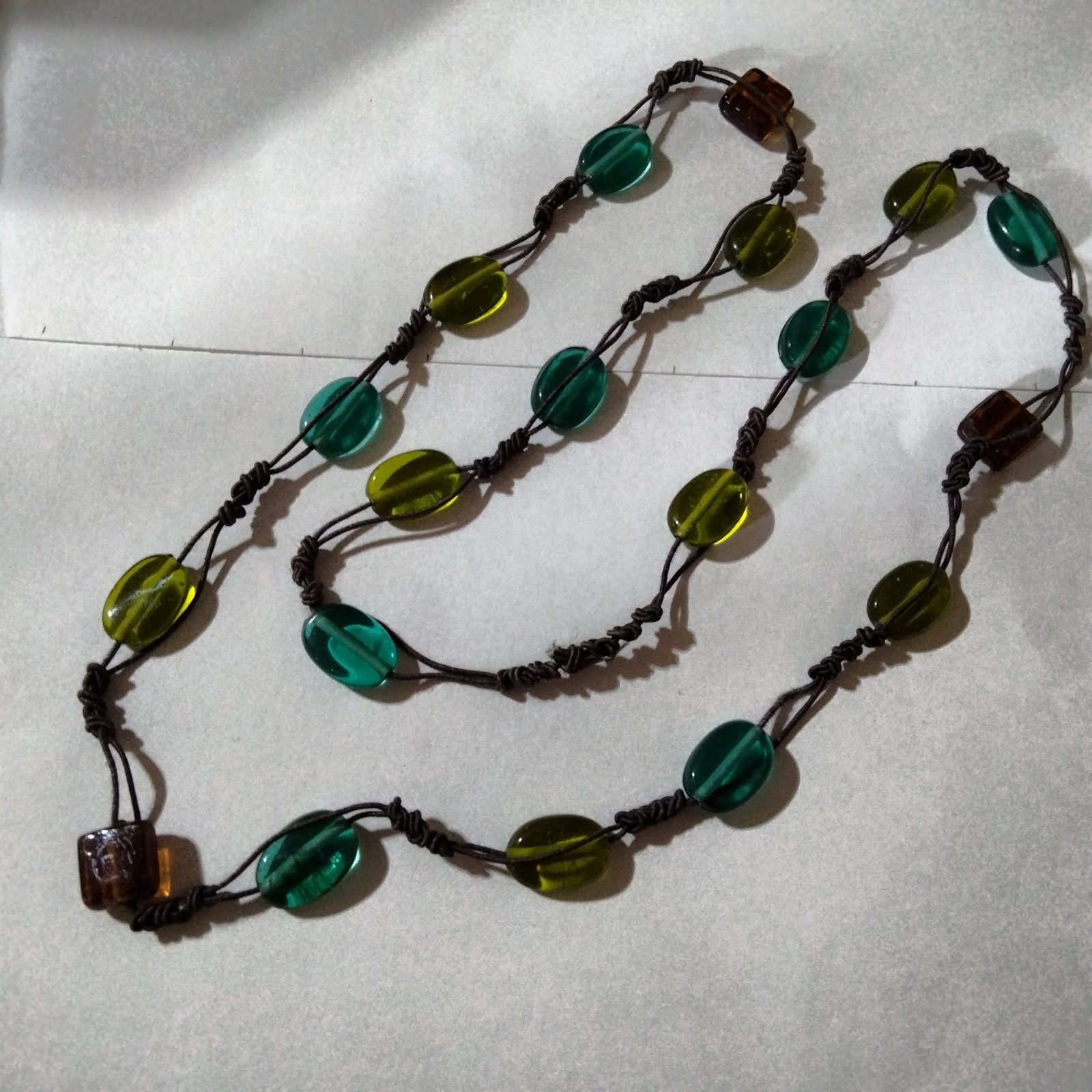 Vintage Glass Bead Station Necklace on Brown Cord Green Blue Boho 34 in.