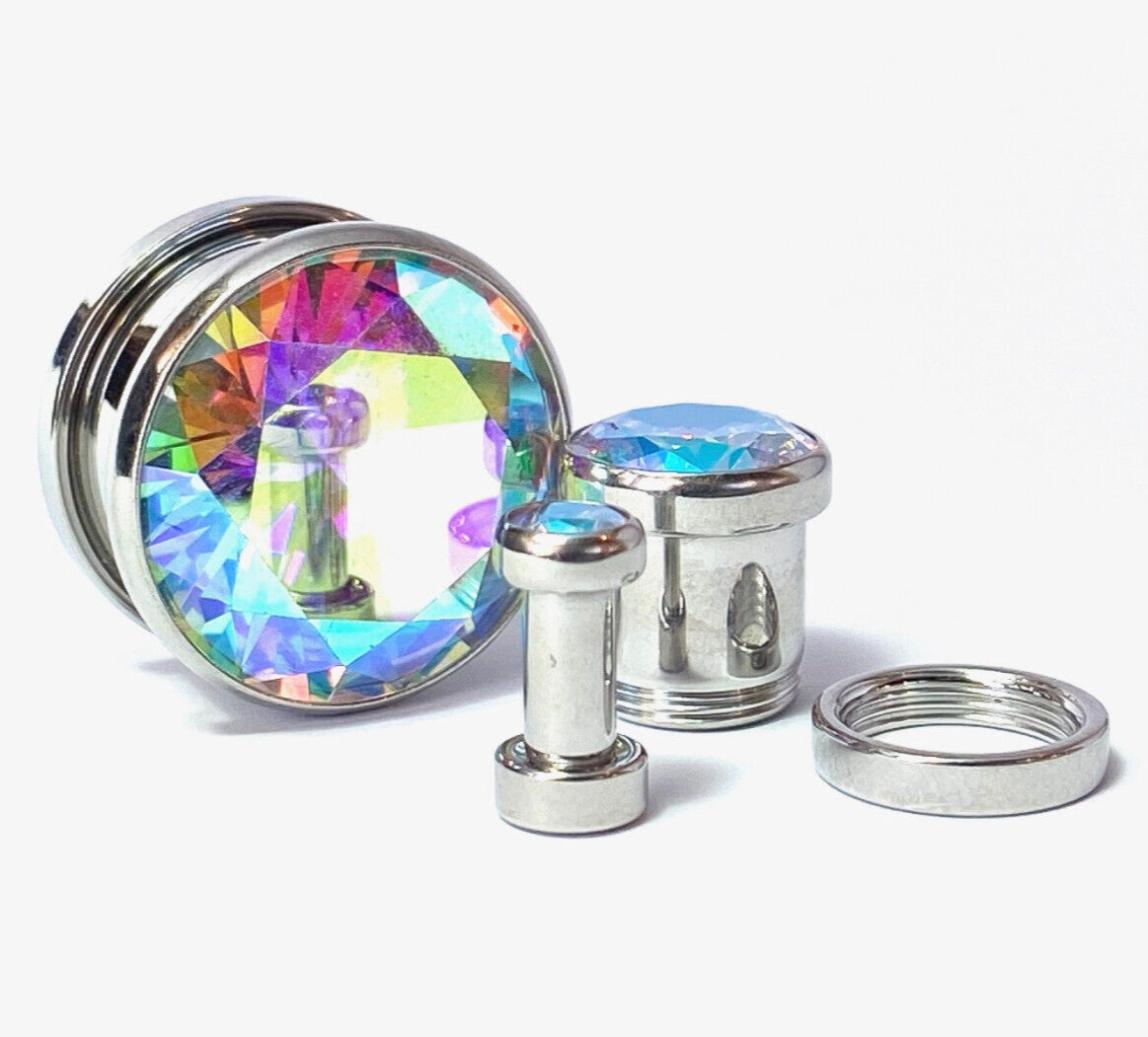PAIR Large Aurora Borealis Gem Screw Fit Tunnel Plug Gauge Body Jewelry Piercing