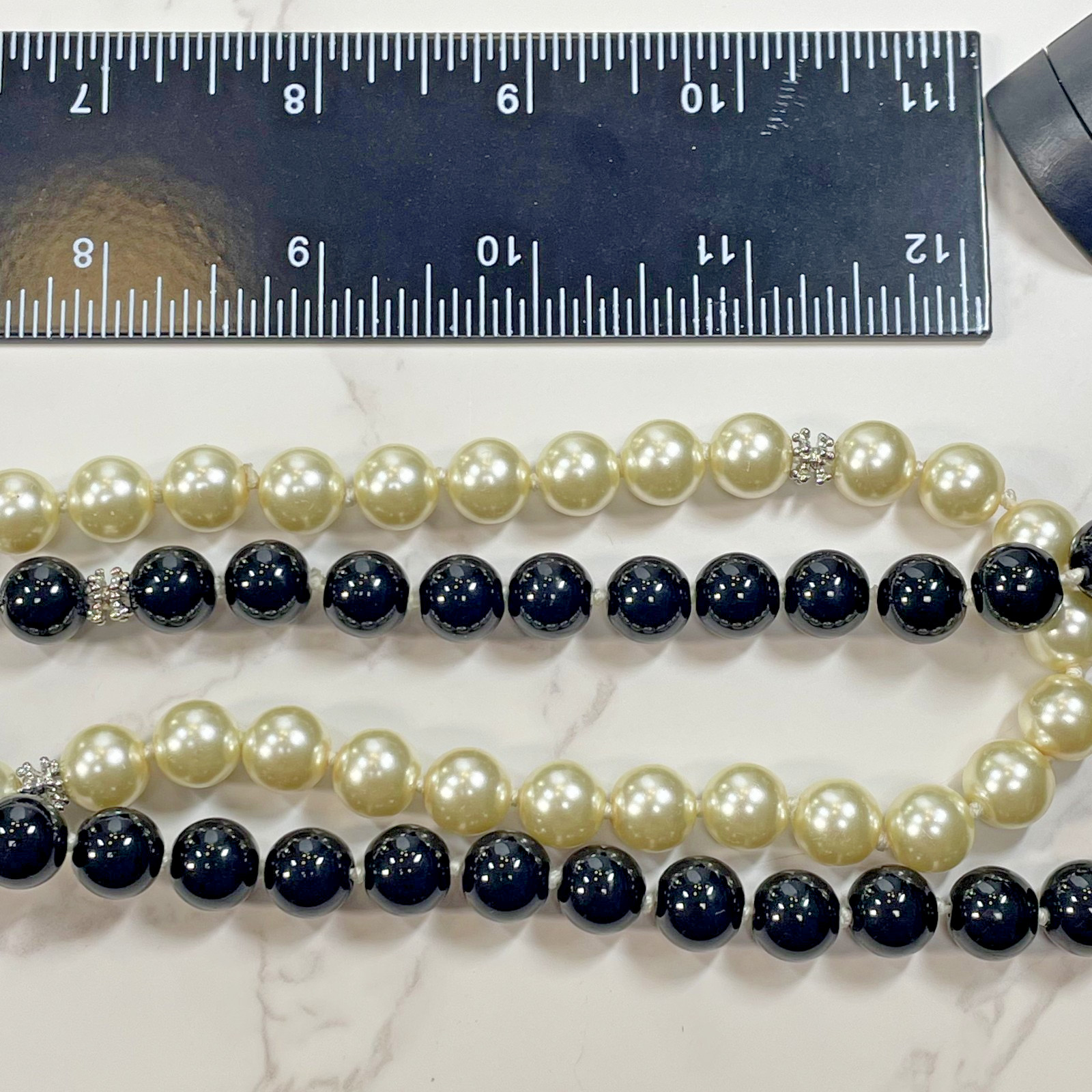 Stunning Talbots Signed Black Enamel Rhinestone Flower Two Strand Bead Necklace