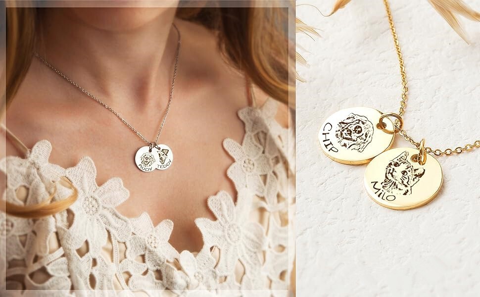 Personalized Pet Portrait Necklace ,Dog Cat Round Disc Photo Engraved Necklace