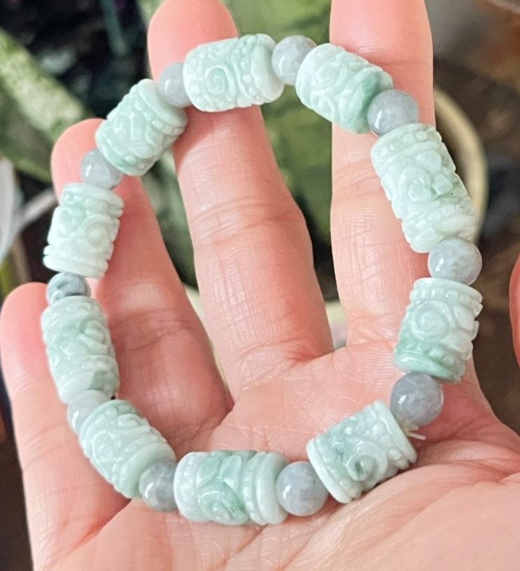 Natural Burmese Jadeite Bracelet Type A Hand-Carved Barrel Beads 184.25ct Myanma