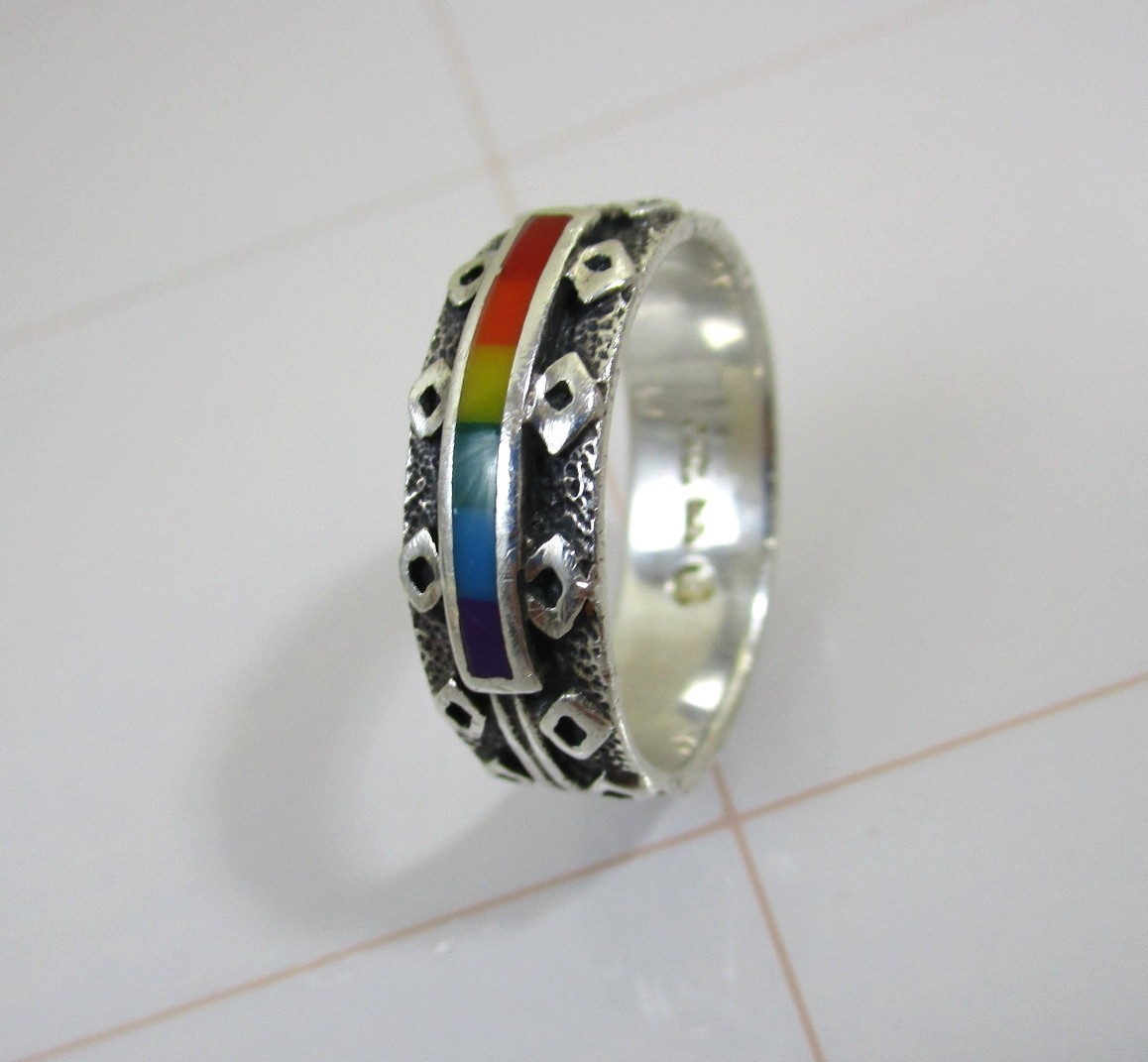 Vintage Sterling Silver Rainbow Ring 925 PSCL size 9.5 Peter Stone Etched Band