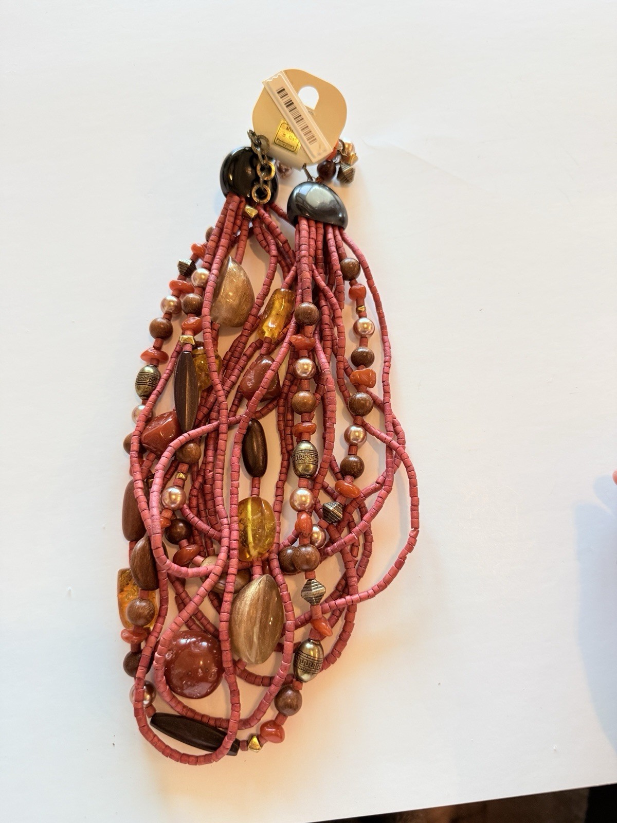 Pink Beaded Multi-Strand Statement Necklace Hook Closure Bohemian Theme
